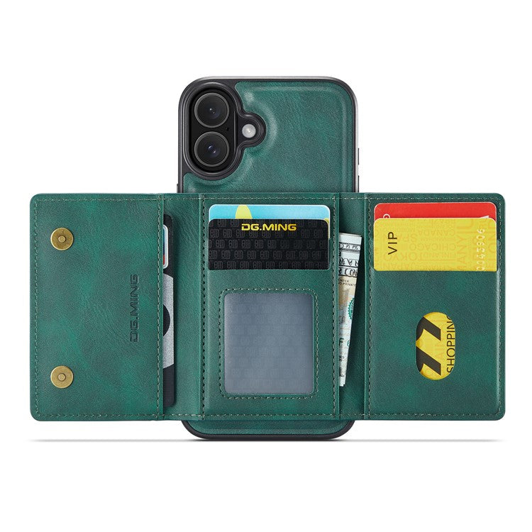 DG.MING M5 Series For iPhone 16 Plus Case Detachable Magnetic Leather Phone Cover with Card Slots - Green