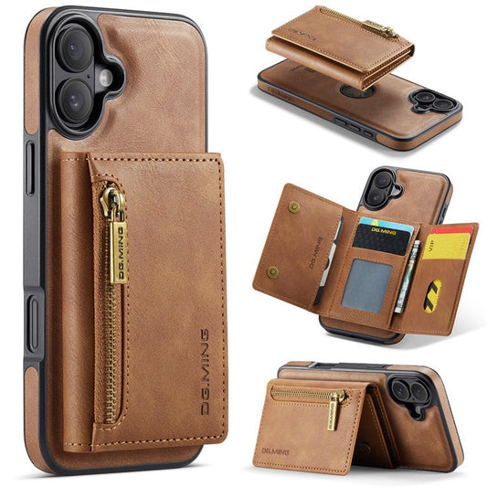 DG.MING M5 Series For iPhone 16 Plus Case Detachable Magnetic Leather Phone Cover with Card Slots - Brown