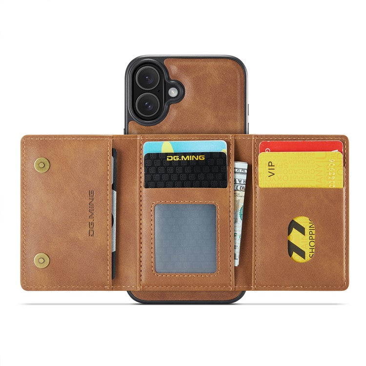 DG.MING M5 Series For iPhone 16 Plus Case Detachable Magnetic Leather Phone Cover with Card Slots - Brown