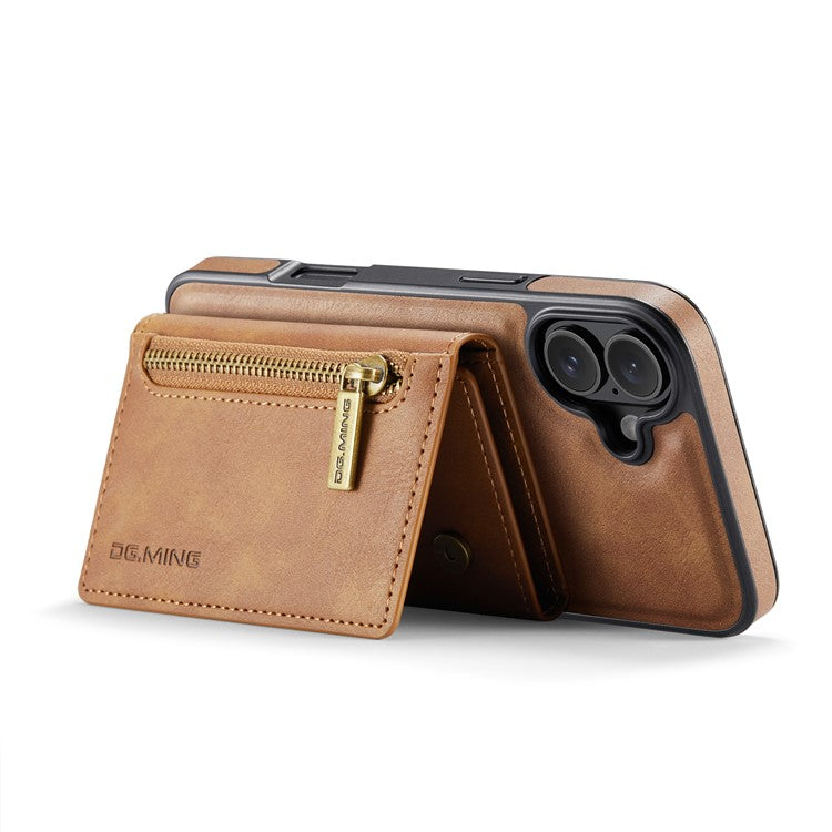 DG.MING M5 Series For iPhone 16 Plus Case Detachable Magnetic Leather Phone Cover with Card Slots - Brown
