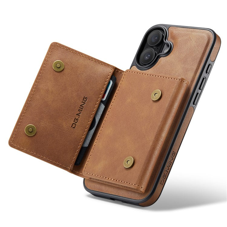 DG.MING M5 Series For iPhone 16 Plus Case Detachable Magnetic Leather Phone Cover with Card Slots - Brown