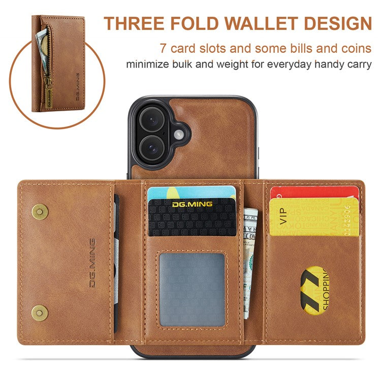 DG.MING M5 Series For iPhone 16 Plus Case Detachable Magnetic Leather Phone Cover with Card Slots - Brown