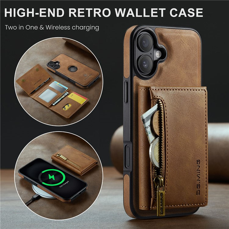 DG.MING M5 Series For iPhone 16 Plus Case Detachable Magnetic Leather Phone Cover with Card Slots - Brown