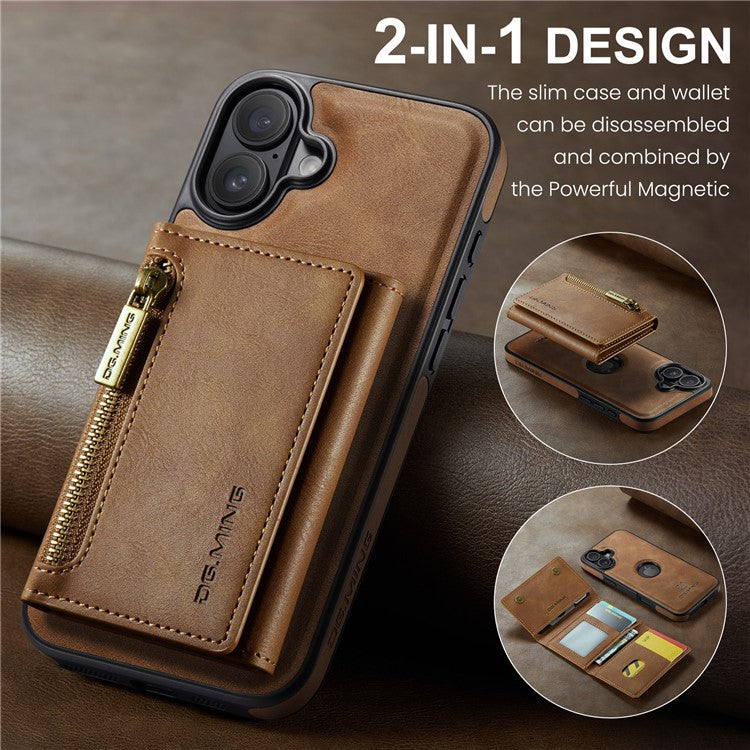 DG.MING M5 Series For iPhone 16 Plus Case Detachable Magnetic Leather Phone Cover with Card Slots - Brown
