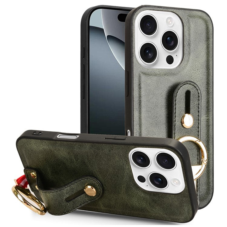 For iPhone 16 Pro Case Wristband Kickstand Leather+PC+TPU Phone Cover with Bottle Opener - Green