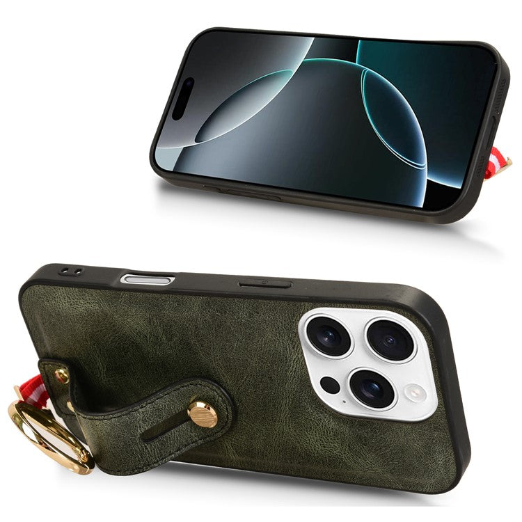 For iPhone 16 Pro Case Wristband Kickstand Leather+PC+TPU Phone Cover with Bottle Opener - Green