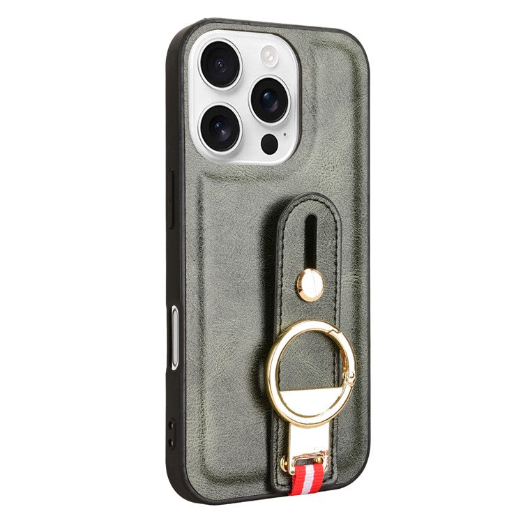 For iPhone 16 Pro Case Wristband Kickstand Leather+PC+TPU Phone Cover with Bottle Opener - Green