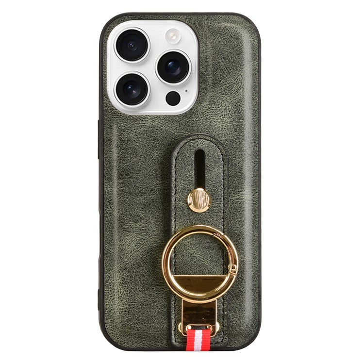 For iPhone 16 Pro Case Wristband Kickstand Leather+PC+TPU Phone Cover with Bottle Opener - Green