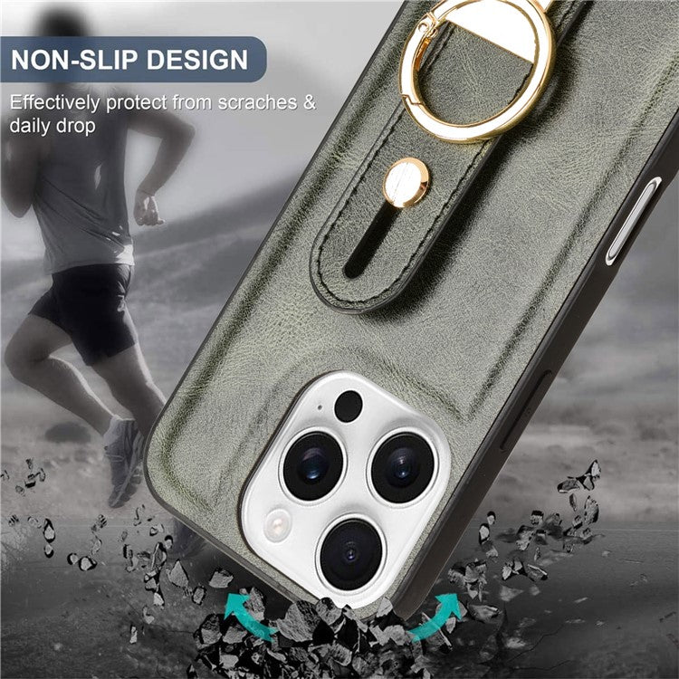 For iPhone 16 Pro Case Wristband Kickstand Leather+PC+TPU Phone Cover with Bottle Opener - Green