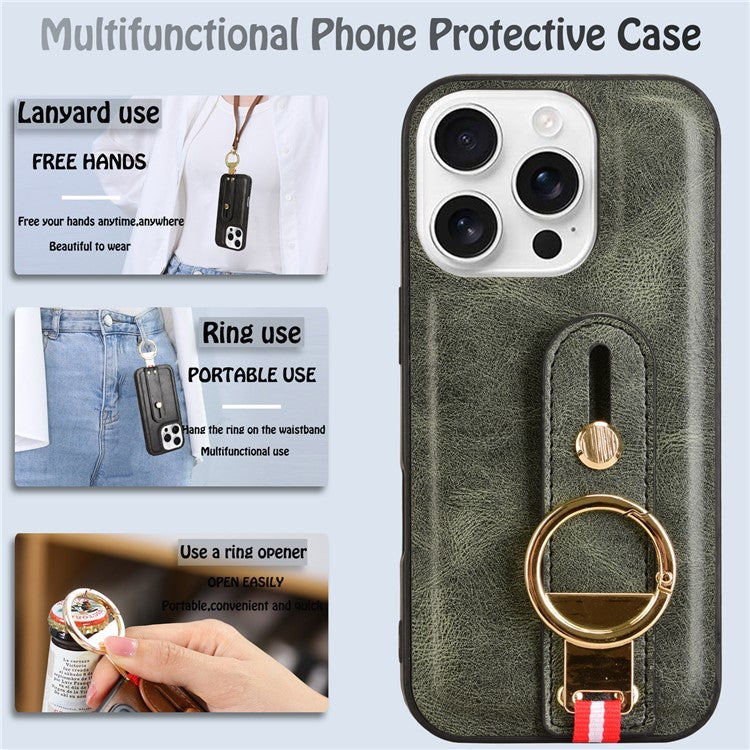 For iPhone 16 Pro Case Wristband Kickstand Leather+PC+TPU Phone Cover with Bottle Opener - Green