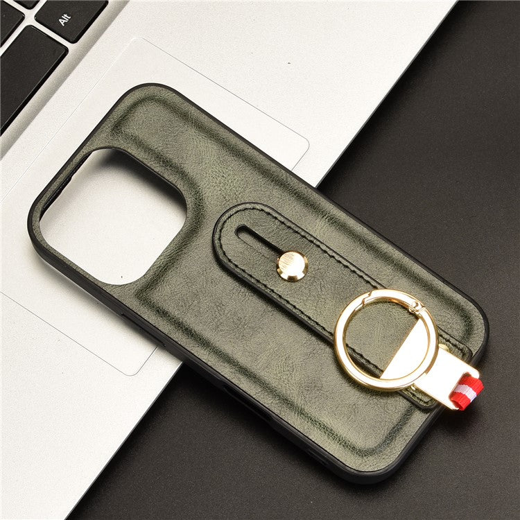 For iPhone 16 Pro Case Wristband Kickstand Leather+PC+TPU Phone Cover with Bottle Opener - Green