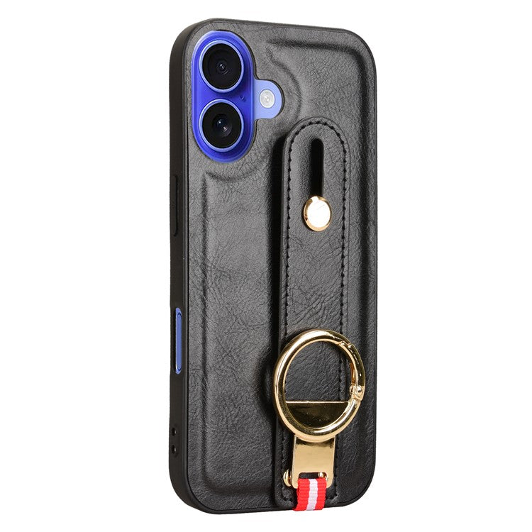 For iPhone 16 Plus Case Wristband Kickstand Leather+PC+TPU Phone Cover with Bottle Opener - Black