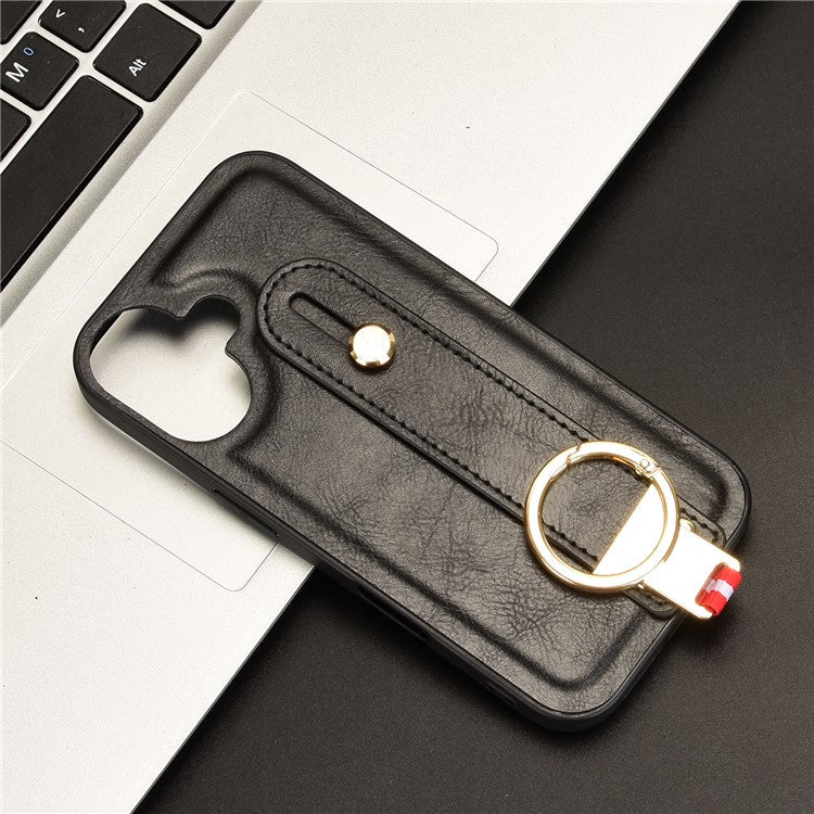 For iPhone 16 Plus Case Wristband Kickstand Leather+PC+TPU Phone Cover with Bottle Opener - Black