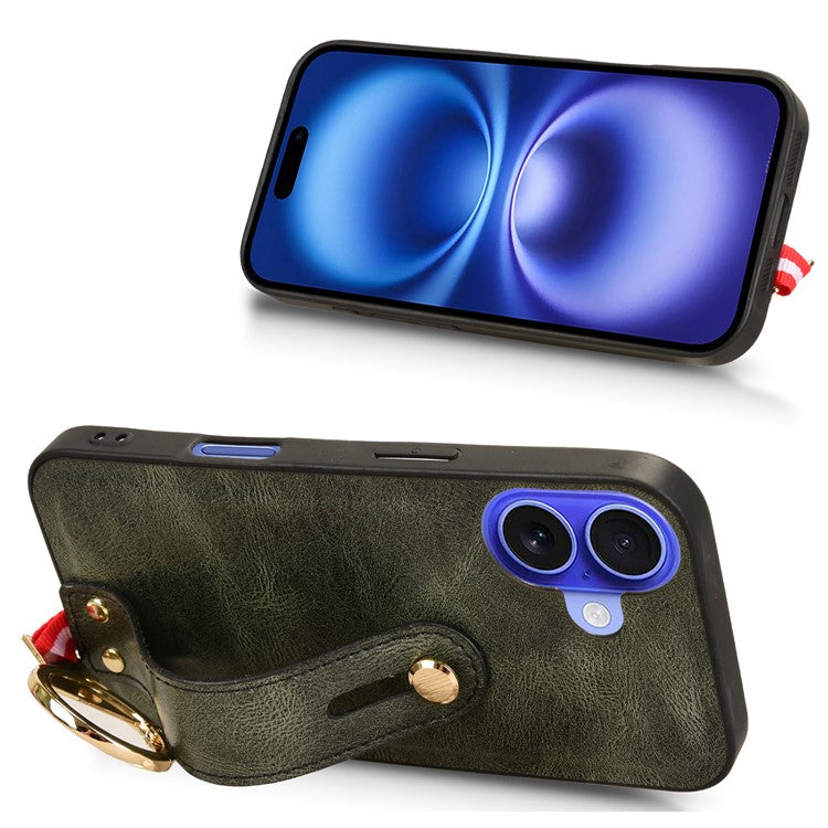 For iPhone 16 Plus Case Wristband Kickstand Leather+PC+TPU Phone Cover with Bottle Opener - Green