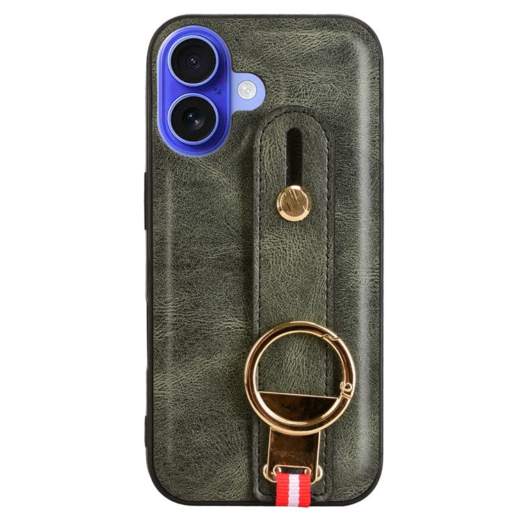 For iPhone 16 Plus Case Wristband Kickstand Leather+PC+TPU Phone Cover with Bottle Opener - Green