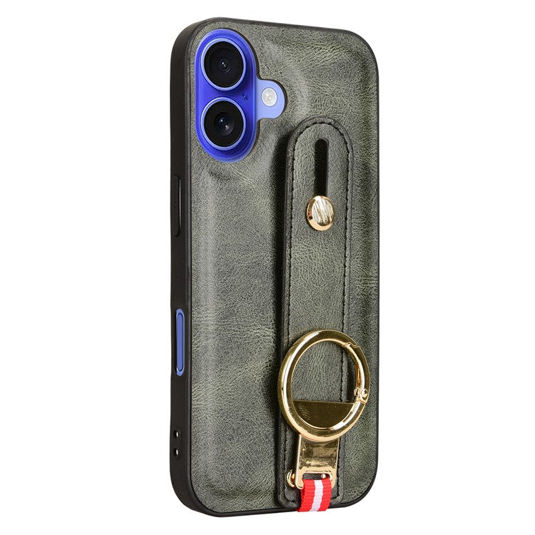 For iPhone 16 Plus Case Wristband Kickstand Leather+PC+TPU Phone Cover with Bottle Opener - Green