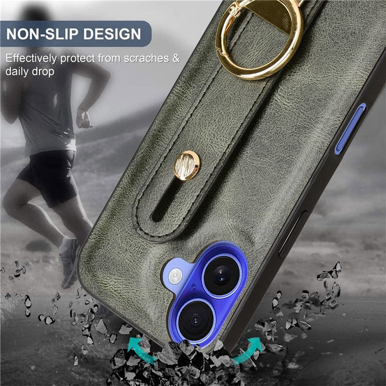 For iPhone 16 Plus Case Wristband Kickstand Leather+PC+TPU Phone Cover with Bottle Opener - Green