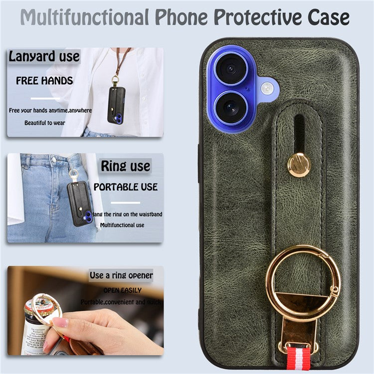 For iPhone 16 Plus Case Wristband Kickstand Leather+PC+TPU Phone Cover with Bottle Opener - Green