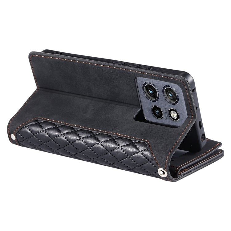 Style 005 For Motorola Edge 50 Neo 5G / Moto S50 5G / Thinkphone 25 5G Wallet Case Rhombus Stitching Line PU Leather Phone Cover - Black