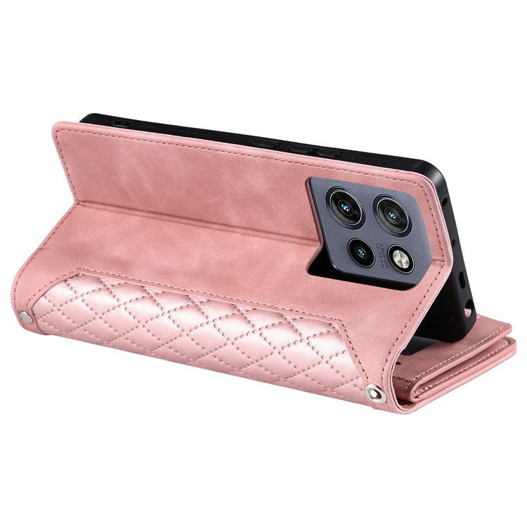 Style 005 For Motorola Edge 50 Neo 5G / Moto S50 5G / Thinkphone 25 5G Wallet Case Rhombus Stitching Line PU Leather Phone Cover - Rose Gold