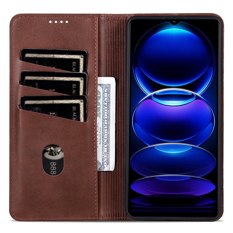 AZNS For Xiaomi Poco C75 4G / Redmi 14R 5G / 14C 4G Case Cowhide Texture PU Leather Wallet Phone Cover - Coffee