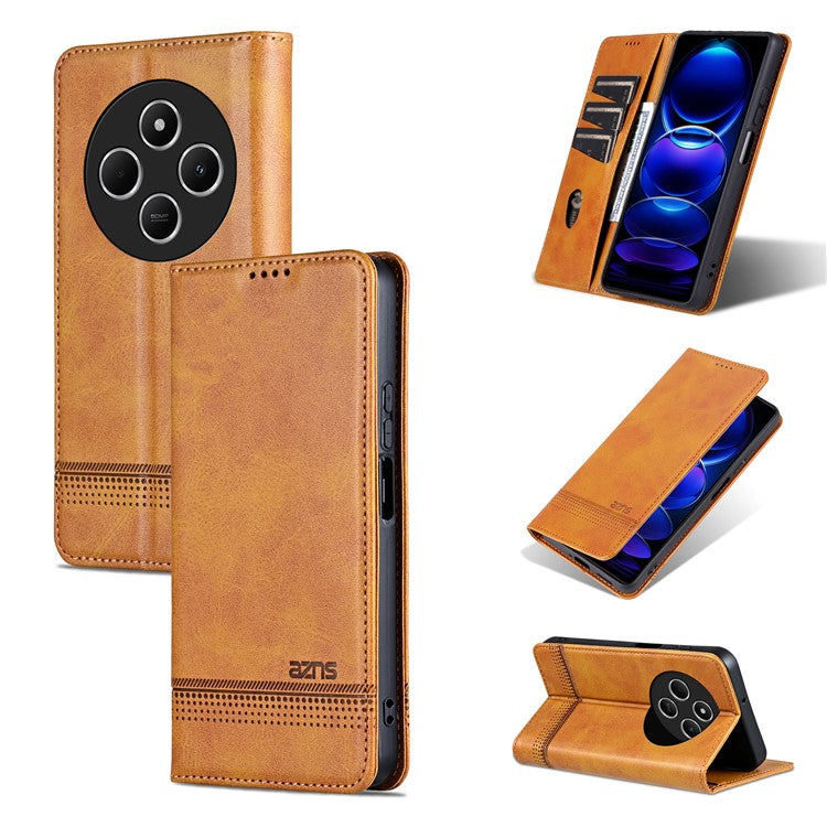 AZNS For Xiaomi Poco C75 4G / Redmi 14R 5G / 14C 4G Case Cowhide Texture PU Leather Wallet Phone Cover - Brown