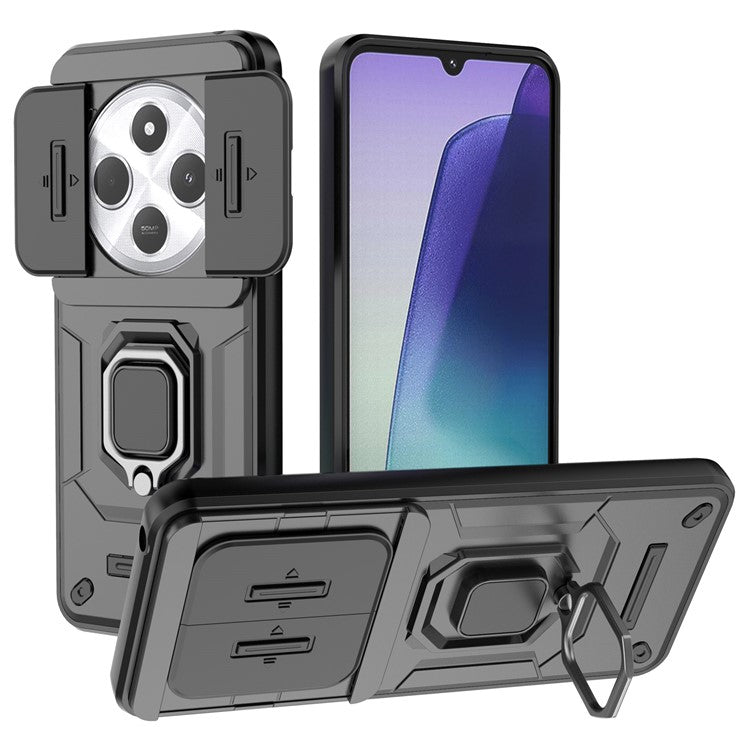 For Xiaomi Poco C75 4G / Redmi 14R 5G / 14C 4G Case PC+TPU Kickstand Phone Protector with Lens Cover - Black
