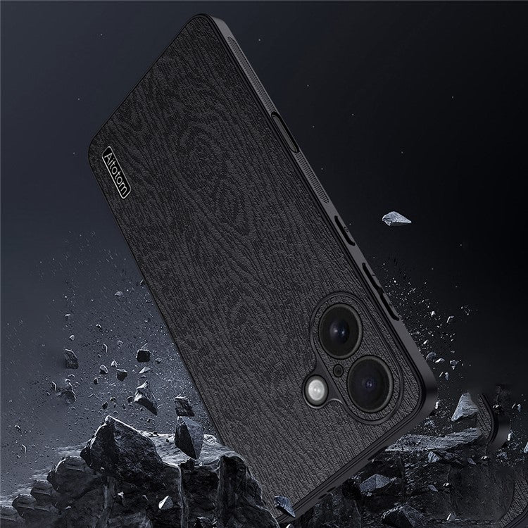 For iPhone 16 Plus Case Wood Texture PU Leather Coated PC+TPU Phone Cover - Black