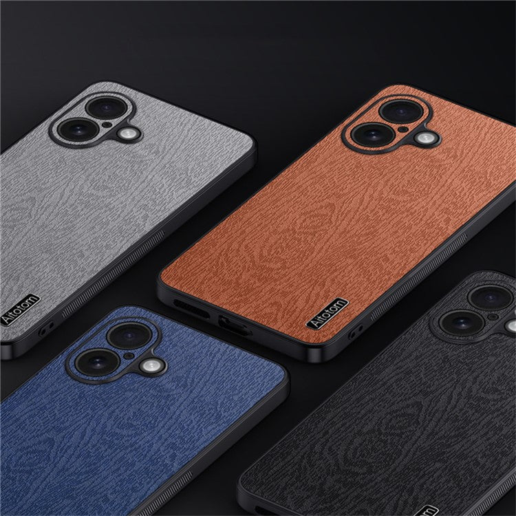For iPhone 16 Plus Case Wood Texture PU Leather Coated PC+TPU Phone Cover - Black