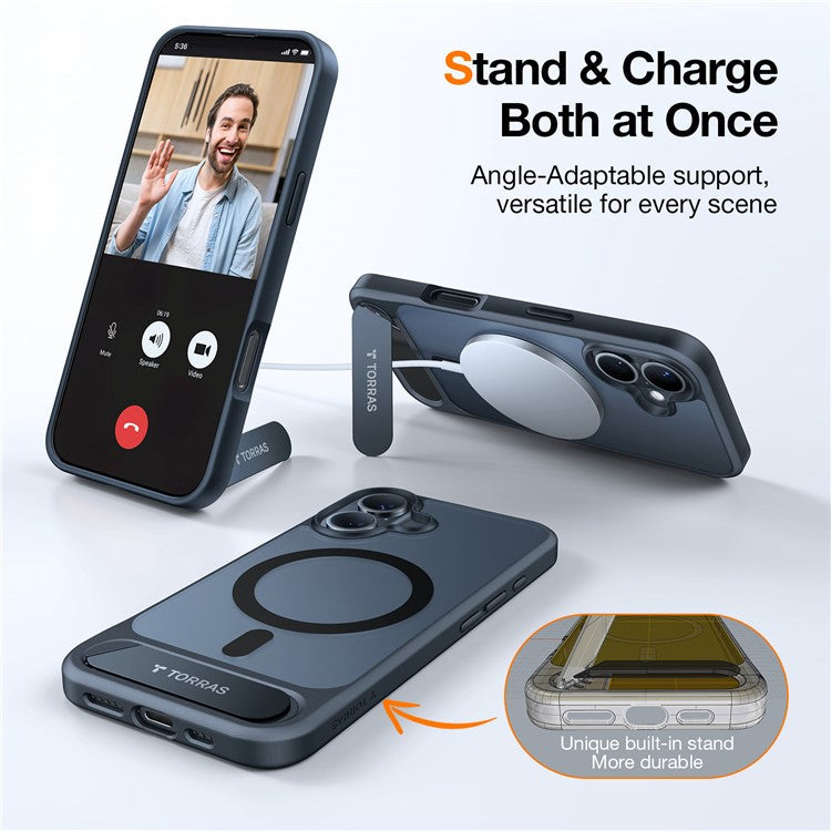 TORRAS For iPhone 16 Case Kickstand TPU+PC Phone Cover Compatible with MagSafe - Black