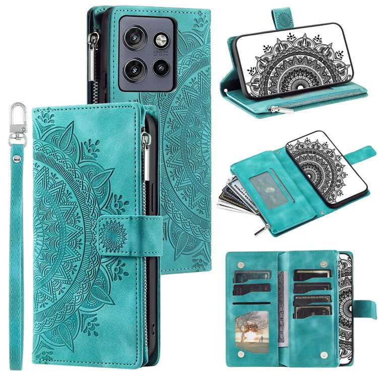 Style 006 For Motorola Edge 50 Neo 5G / Moto S50 5G / Thinkphone 25 5G Wallet Case PU Leather Phone Cover Mandala Flower Pattern - Mint Green