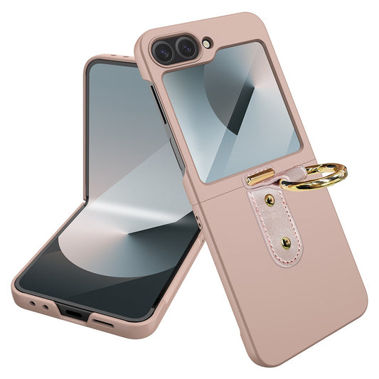 For Samsung Galaxy Z Flip7 FE 5G / Z Flip6 5G Case Skin-Touch Ring Holder Kickstand PC Phone Cover with Screen / Lens Film - Rose Gold