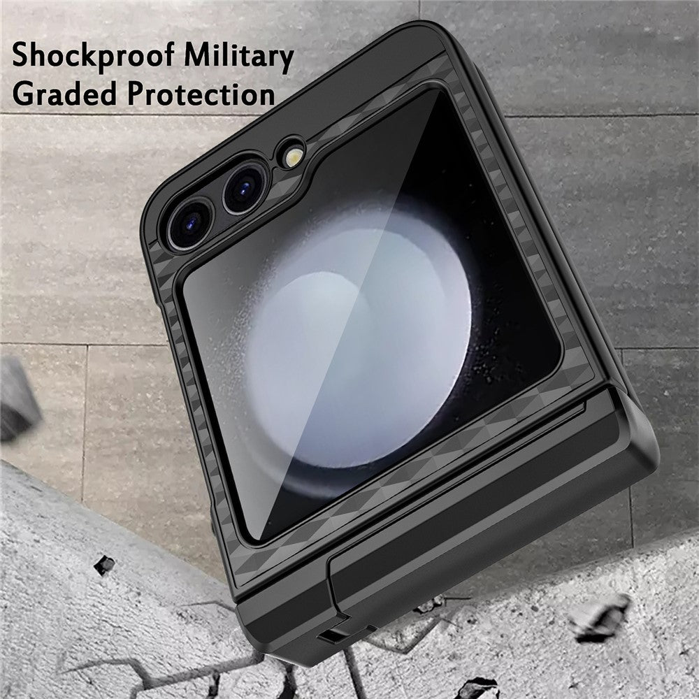 For Samsung Galaxy Z Flip7 FE 5G / Z Flip6 5G Case Cube Pattern Magnetic Spring Hinge Kickstand PC Phone Cover with Screen / Lens Film - Black