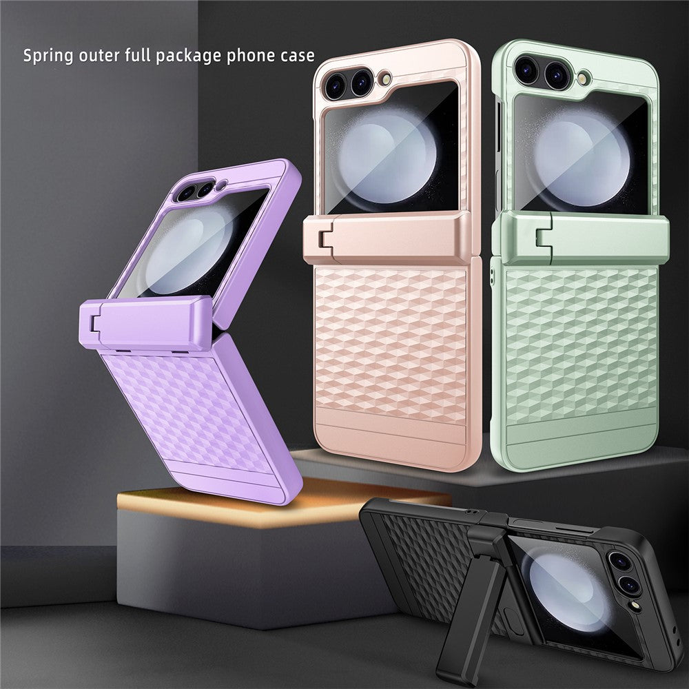 For Samsung Galaxy Z Flip7 FE 5G / Z Flip6 5G Case Cube Pattern Magnetic Spring Hinge Kickstand PC Phone Cover with Screen / Lens Film - Rose Gold