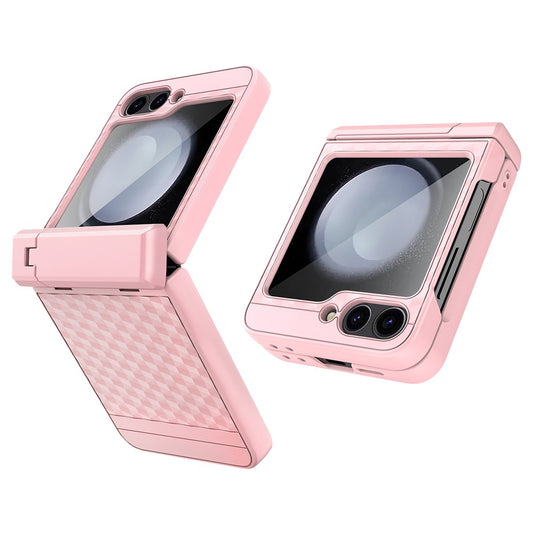 For Samsung Galaxy Z Flip7 FE 5G / Z Flip6 5G Case Cube Pattern Magnetic Spring Hinge Kickstand PC Phone Cover with Screen / Lens Film - Pink