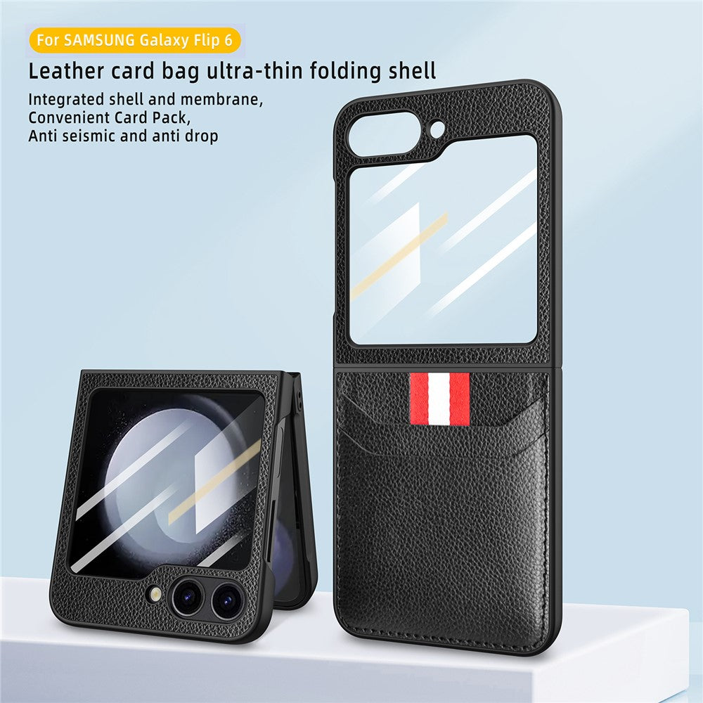 For Samsung Galaxy Z Flip7 FE 5G / Z Flip6 5G Case Litchi Texture PU+PC Phone Cover with Screen / Lens Film - Black