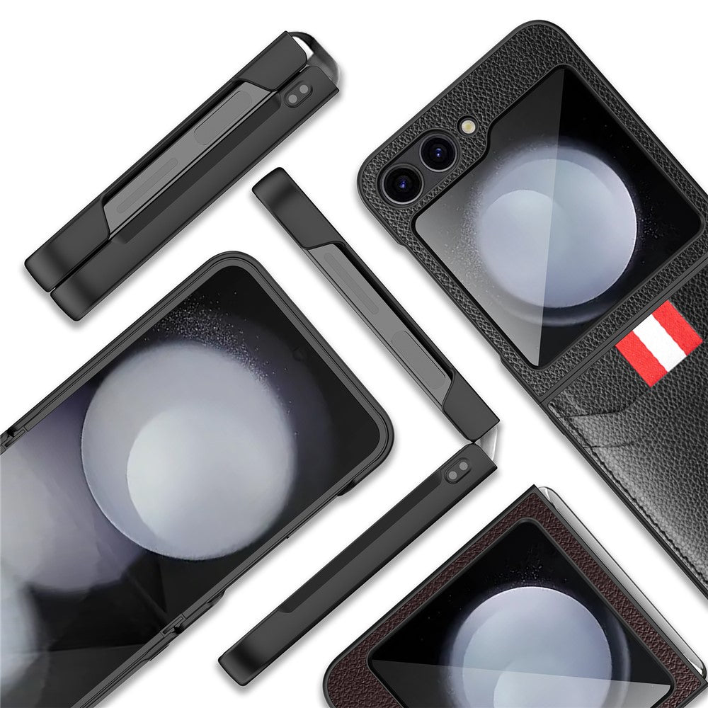 For Samsung Galaxy Z Flip7 FE 5G / Z Flip6 5G Case Litchi Texture PU+PC Phone Cover with Screen / Lens Film - Grey