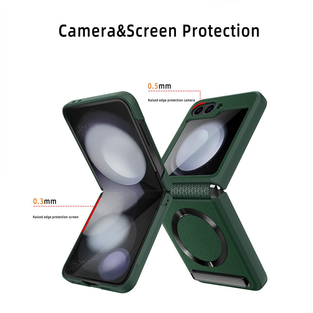 For Samsung Galaxy Z Flip7 FE 5G / Z Flip6 5G Case Compatible with MagSafe Kickstand PC+PU Phone Cover with Screen / Lens Film - Green