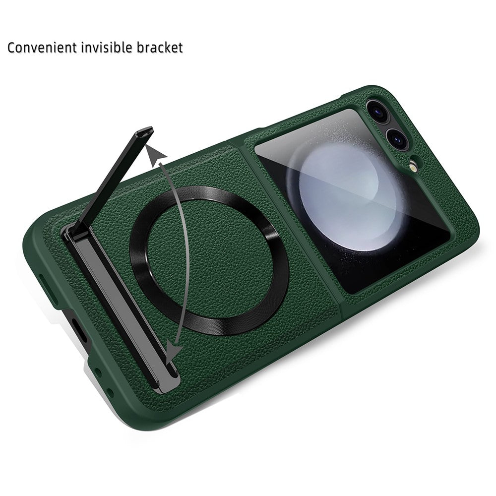 For Samsung Galaxy Z Flip7 FE 5G / Z Flip6 5G Case Compatible with MagSafe Kickstand PC+PU Phone Cover with Screen / Lens Film - Green