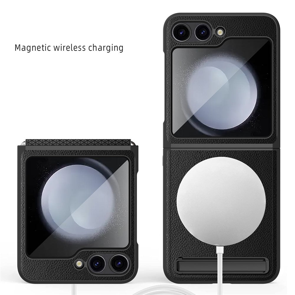 For Samsung Galaxy Z Flip7 FE 5G / Z Flip6 5G Case Compatible with MagSafe Kickstand PC+PU Phone Cover with Screen / Lens Film - Black