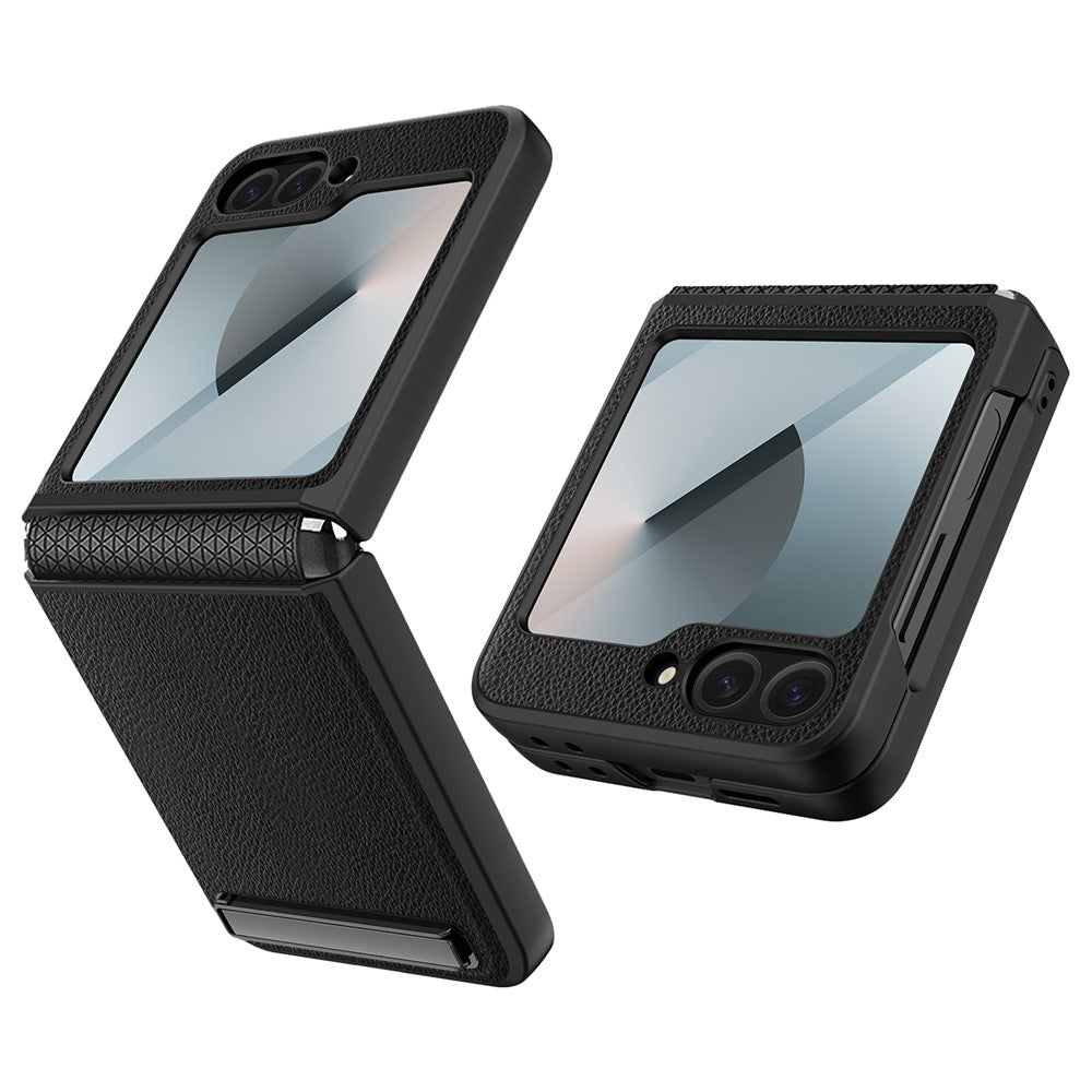 For Samsung Galaxy Z Flip7 FE 5G / Z Flip6 5G Case Kickstand PC+PU Phone Cover with Screen / Lens Film - Black