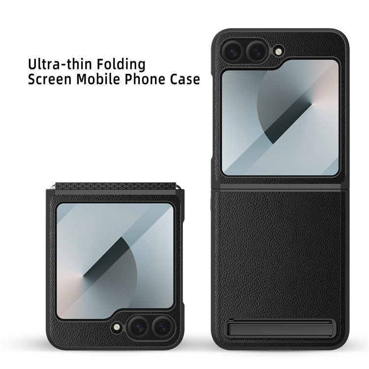 For Samsung Galaxy Z Flip6 5G Case Kickstand PC+PU Phone Cover with Screen / Lens Film - Black