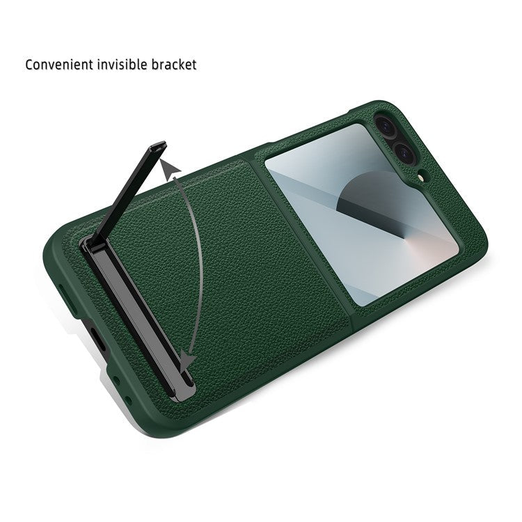 For Samsung Galaxy Z Flip6 5G Case Kickstand PC+PU Phone Cover with Screen / Lens Film - Black