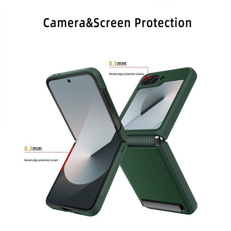 For Samsung Galaxy Z Flip6 5G Case Kickstand PC+PU Phone Cover with Screen / Lens Film - Black