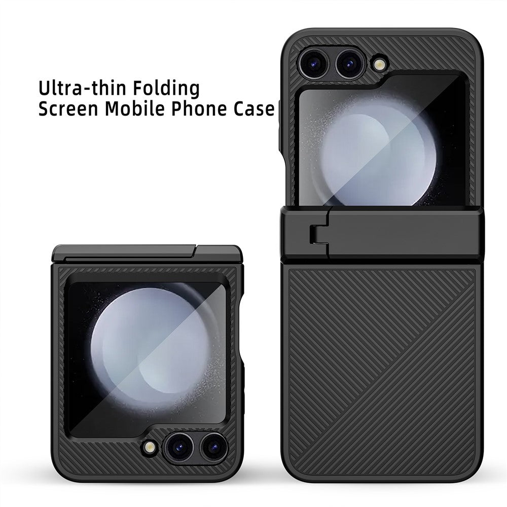 For Samsung Galaxy Z Flip7 FE 5G / Z Flip6 5G Case Twill Texture Magnetic Spring Hinge Kickstand PC Phone Cover with Screen / Lens Film - Black
