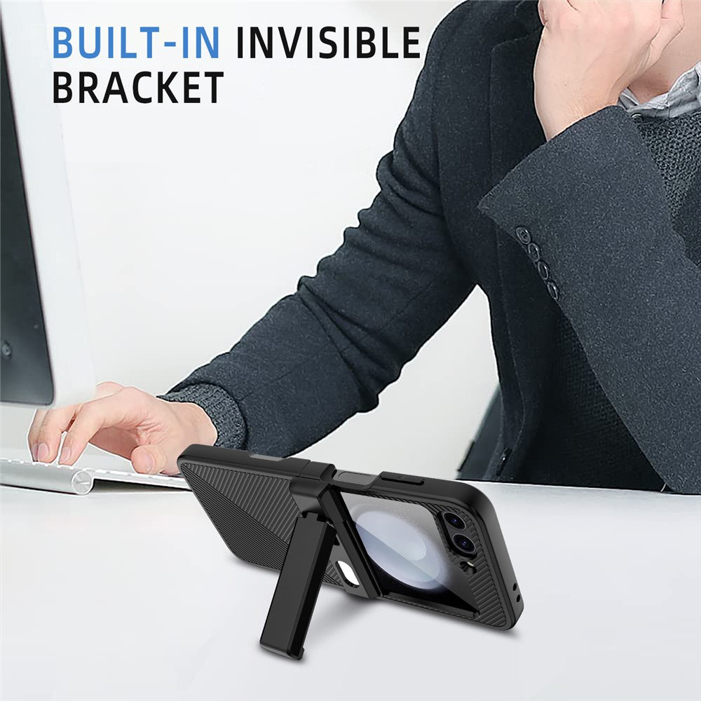 For Samsung Galaxy Z Flip7 FE 5G / Z Flip6 5G Case Twill Texture Magnetic Spring Hinge Kickstand PC Phone Cover with Screen / Lens Film - Black