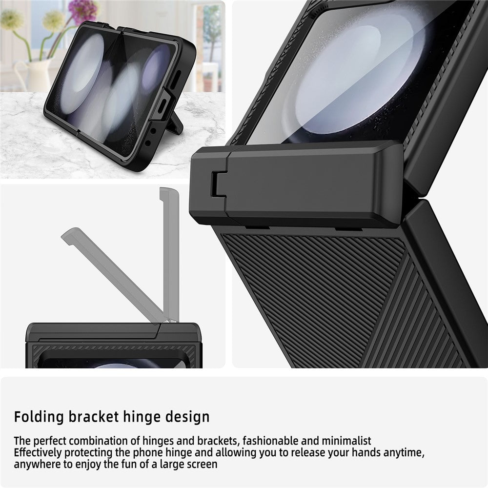 For Samsung Galaxy Z Flip7 FE 5G / Z Flip6 5G Case Twill Texture Magnetic Spring Hinge Kickstand PC Phone Cover with Screen / Lens Film - Black