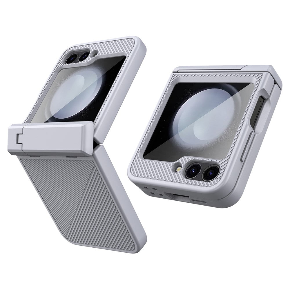 For Samsung Galaxy Z Flip7 FE 5G / Z Flip6 5G Case Twill Texture Magnetic Spring Hinge Kickstand PC Phone Cover with Screen / Lens Film - Grey