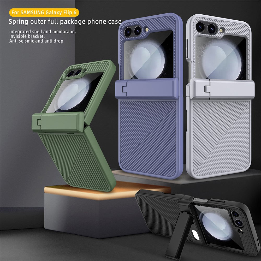For Samsung Galaxy Z Flip7 FE 5G / Z Flip6 5G Case Twill Texture Magnetic Spring Hinge Kickstand PC Phone Cover with Screen / Lens Film - Grey