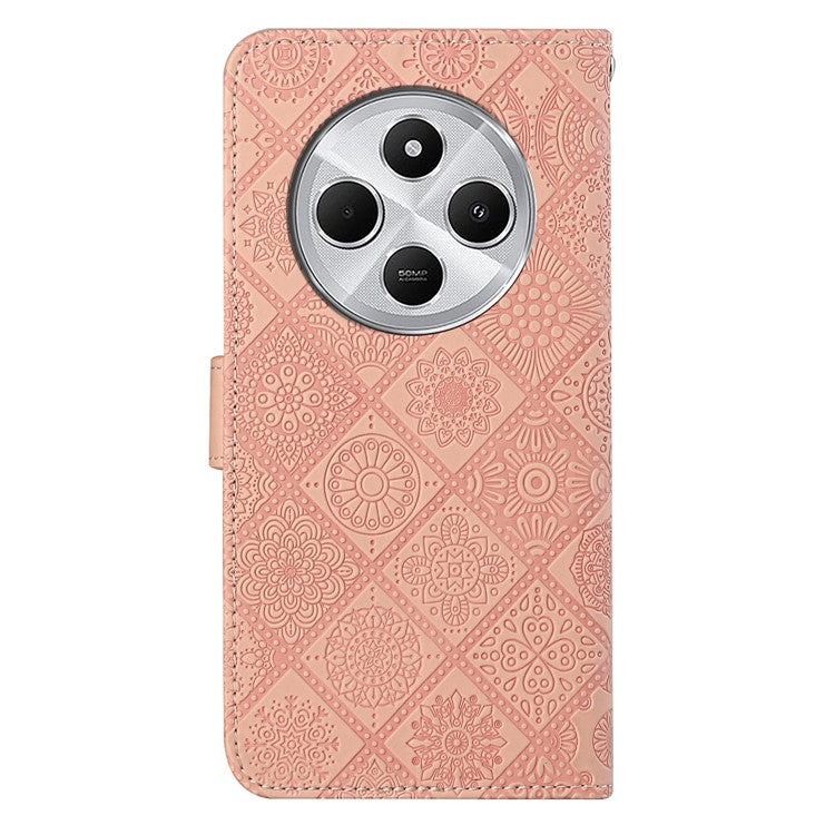 For Xiaomi Poco C75 4G / Redmi 14R 5G / 14C 4G Leather Case Ethnic Style Phone Wallet Cover with Strap - Pink
